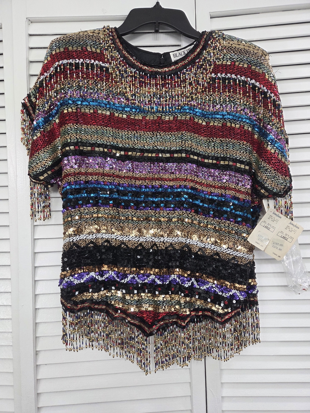 Neiman Marcus Multicolor Beaded Sequin Fringe Short-Sleeve Top